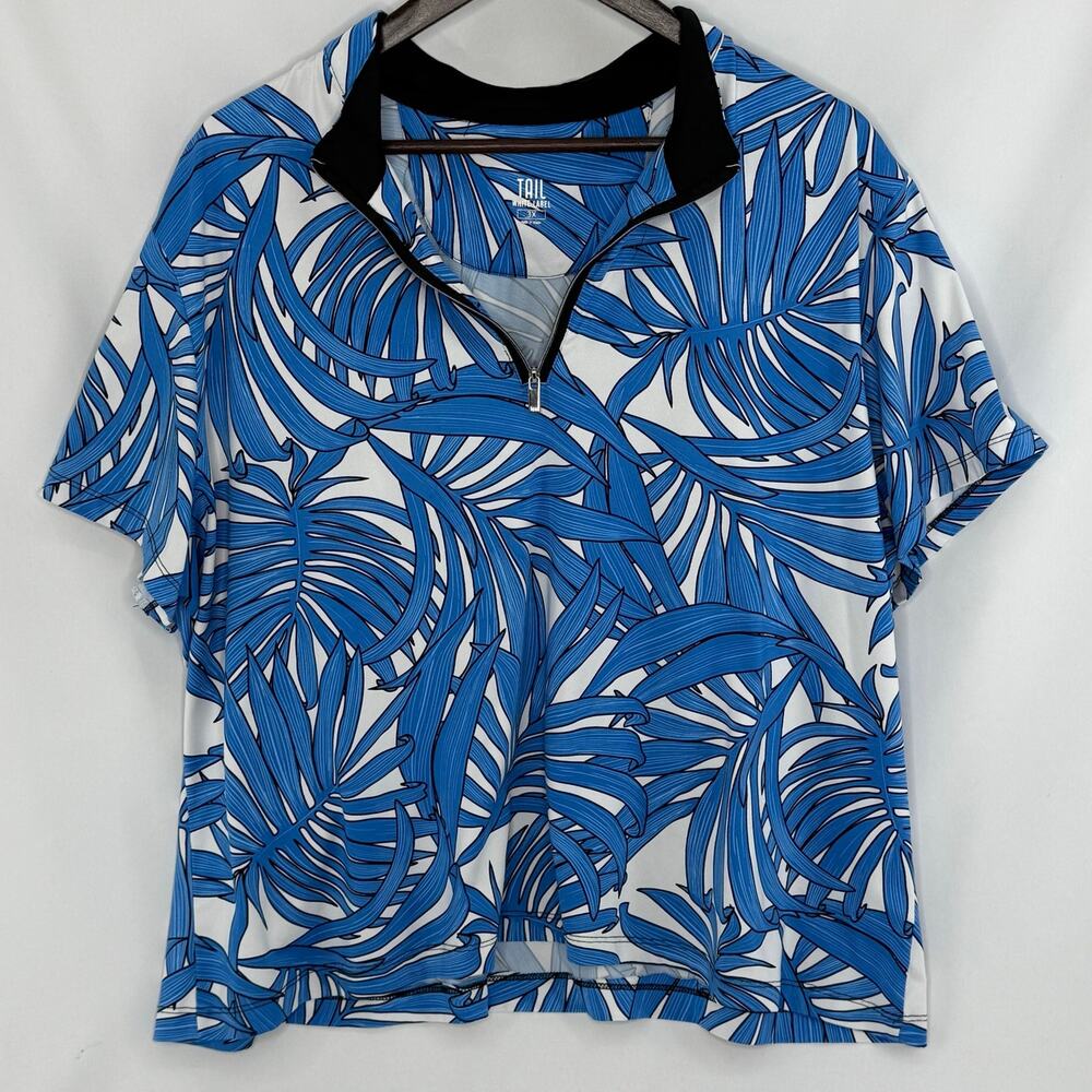 Tail White Label Golf Shirt 3X Womens Blue Palm Print 1/4 Zip Short Sleeve Top